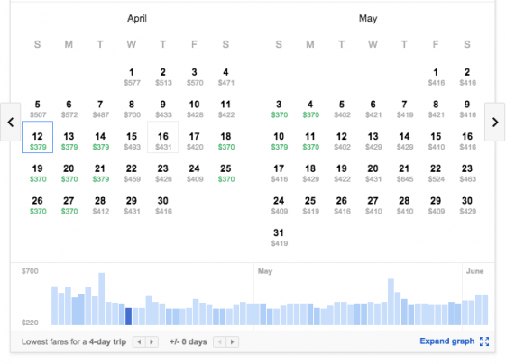 Google Flights calendar