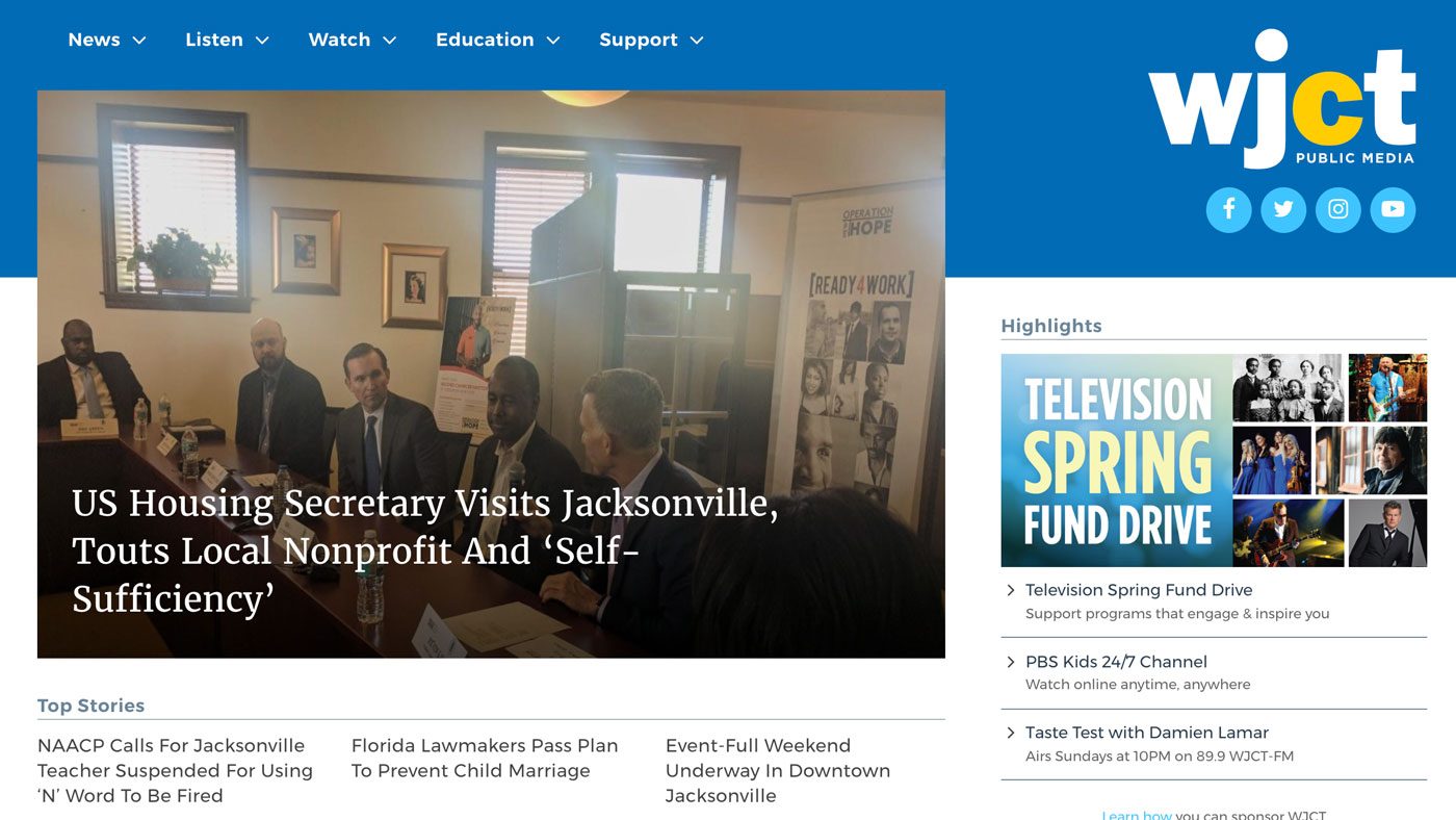 Screenshot of WJCT homepage redesign